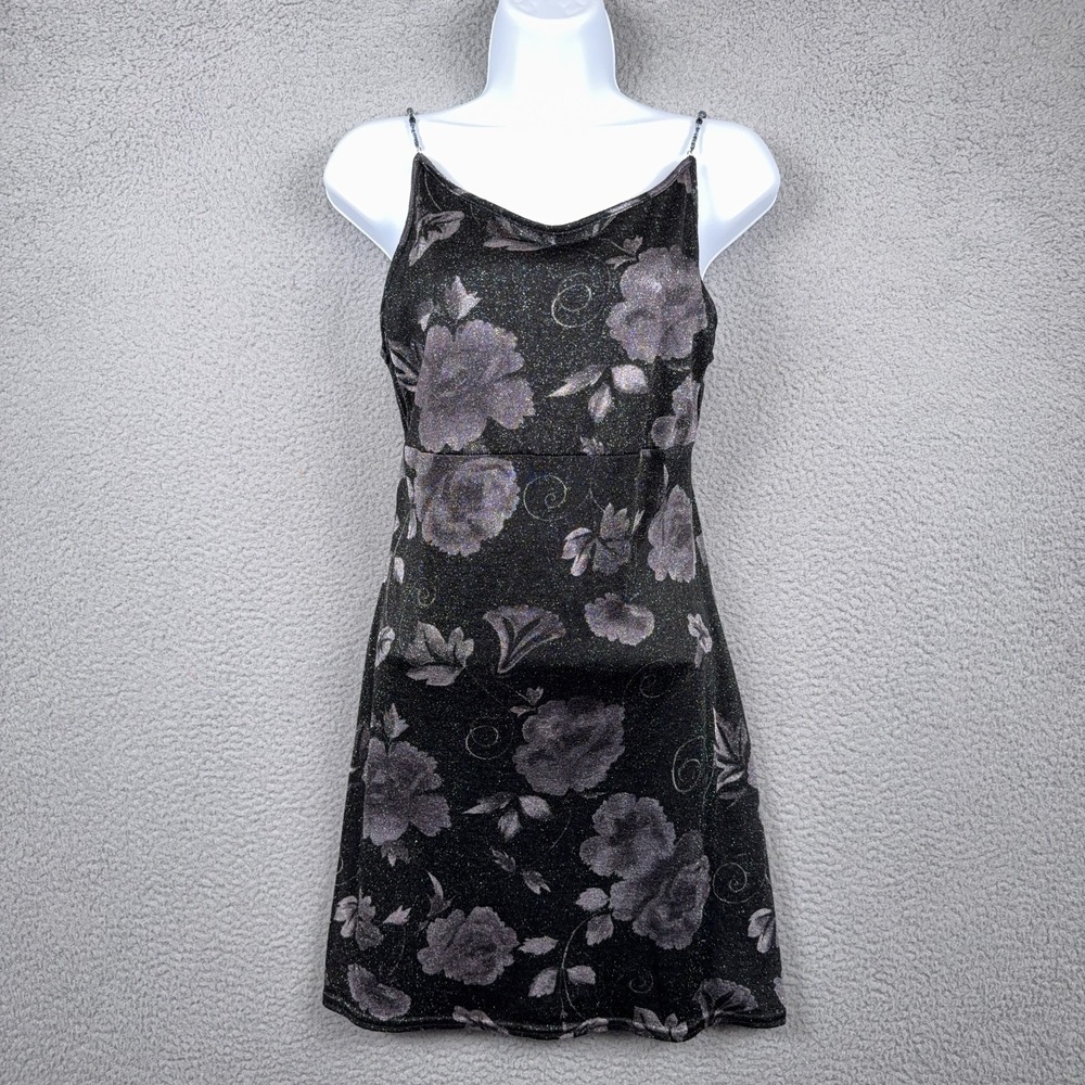 VTG Ecru Studio Dress Womens M Black Floral Y2K Mini‎ Beaded Whimsigoth Fairy